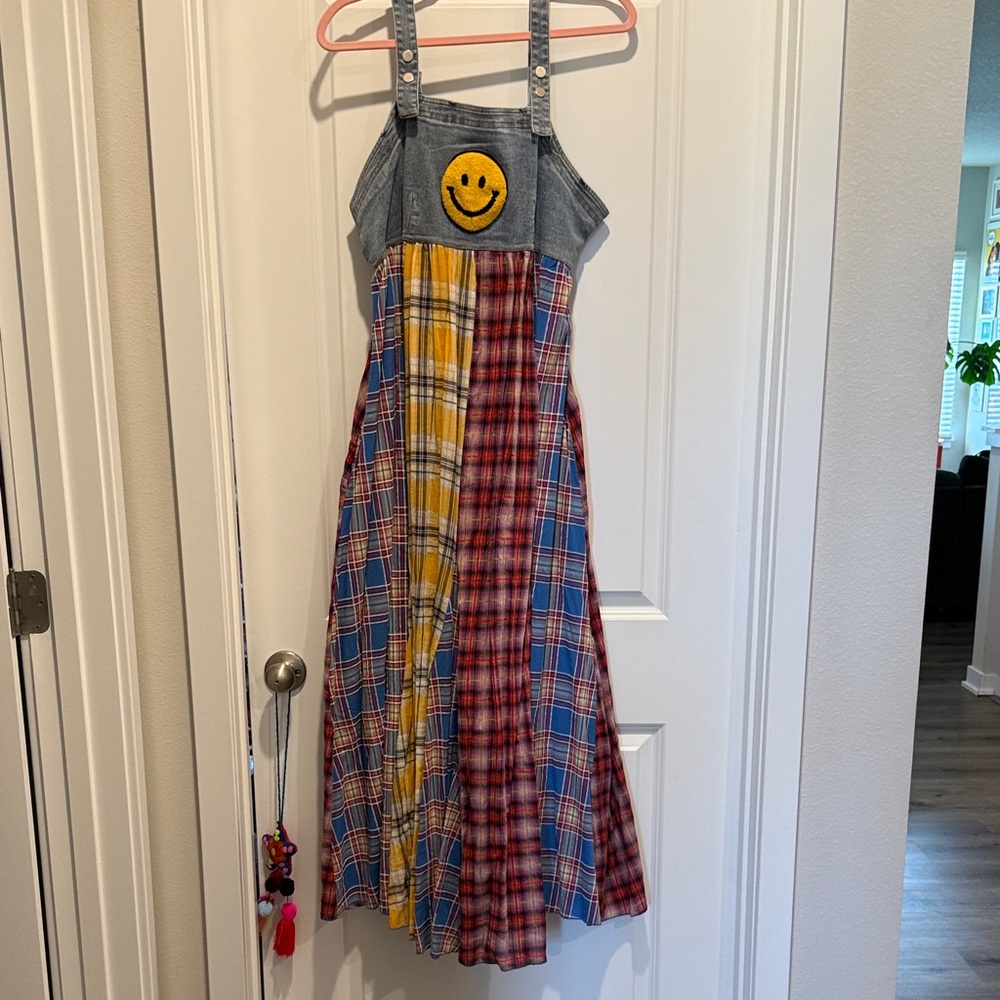 Dressed in Lala Patchwork Plaid Midi Dress with Denim Bib and Smiley Patch